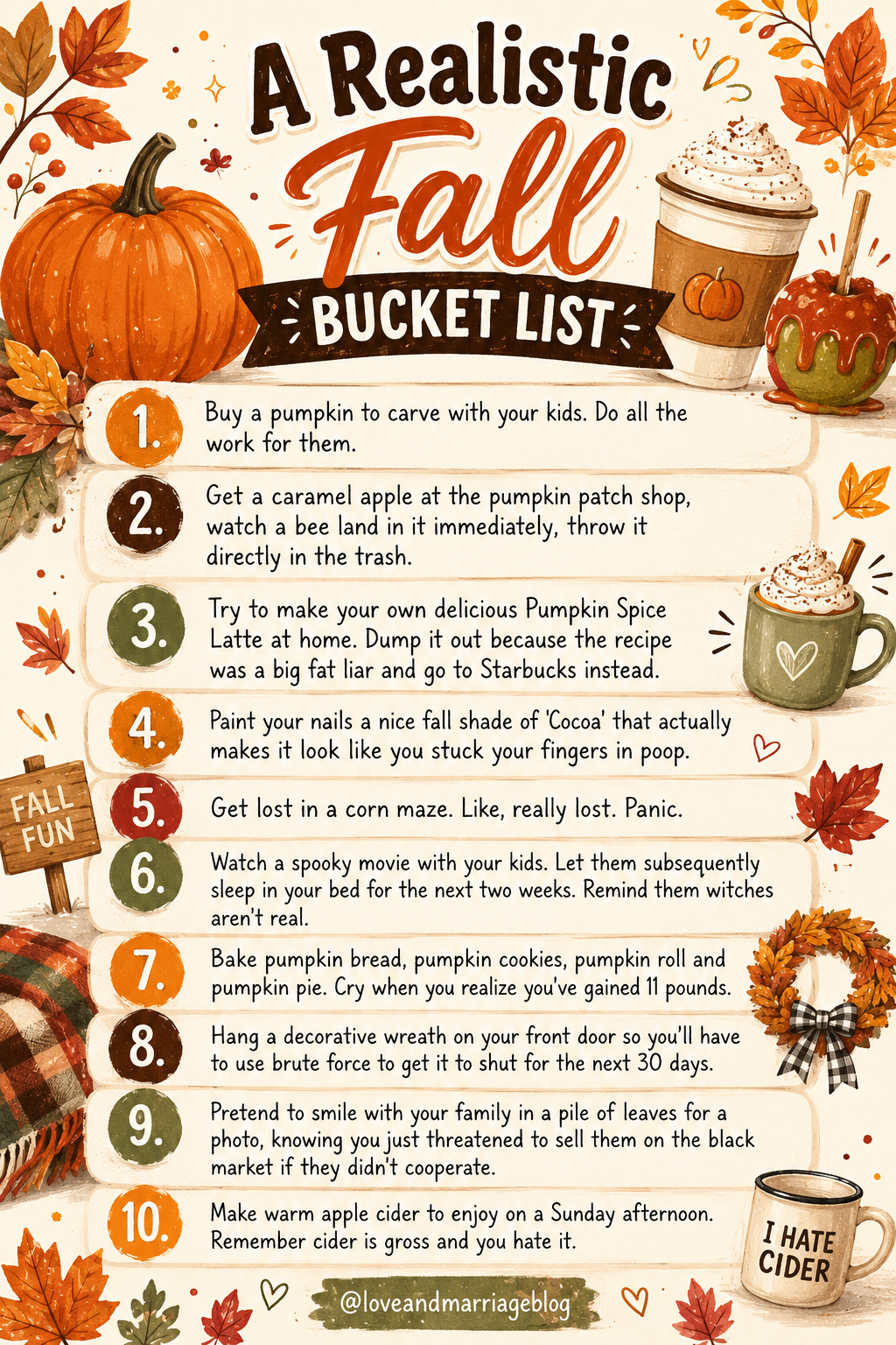 A funny list of Realistic Fall Bucket List items