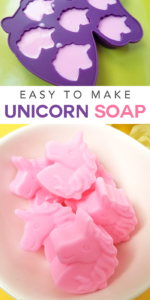 This mini unicorn soap is a fun craft for kids to help make with a grown-up. It can also become a really simple party favor for a birthday!