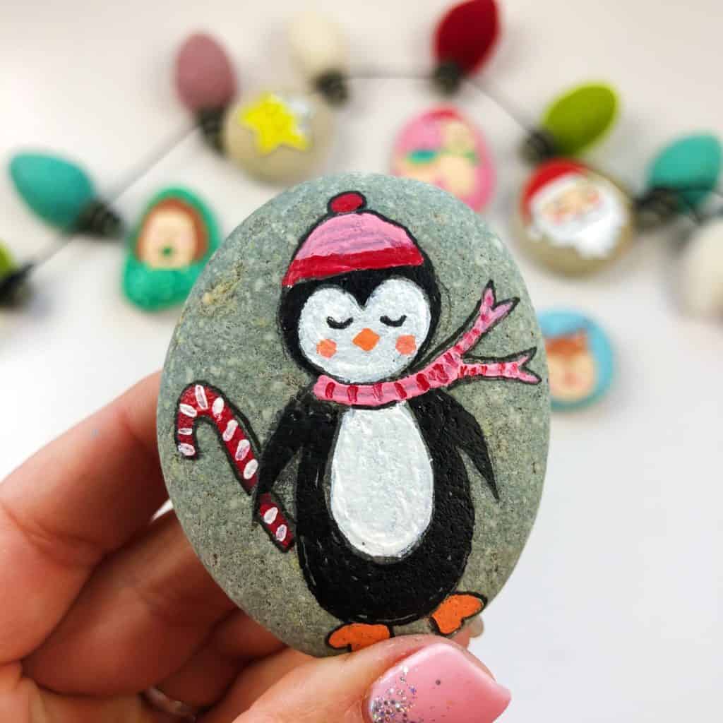 penguin Christmas painted rocks