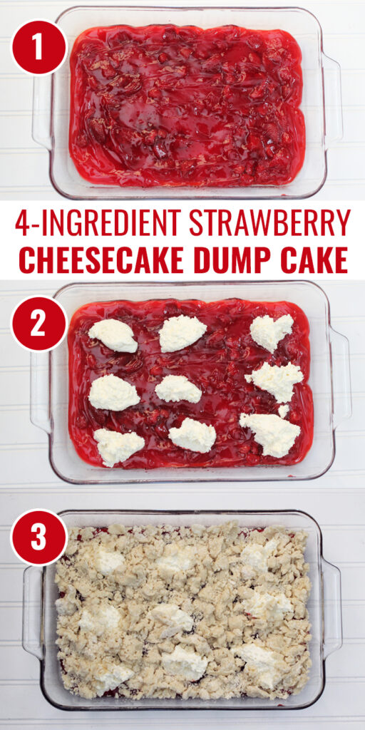 Strawberry Cheesecake Dump Cake is a super simple, four ingredient recipe that's ready in just thirty minutes. #dumpcake #dessert #strawberry #cheesecake #food #yummy #recipe #cake #strawberrydesserts
