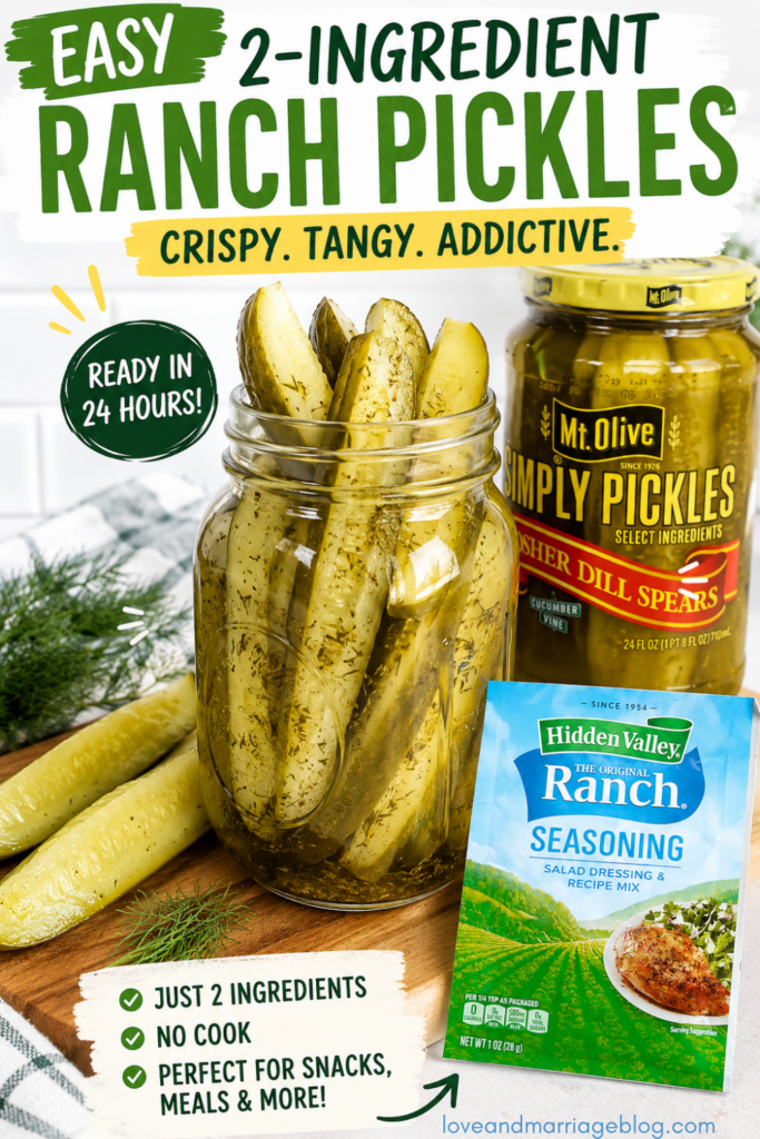 easy 2-ingredient ranch pickles recipe with a jar of Mt Olive pickles and Hidden Valley Ranch seasoning on a counter top.