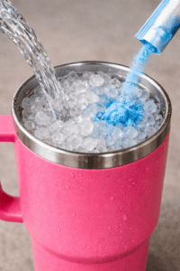pebble ice, water and blue water flavor packet being mixed together in a bright pink tumbler