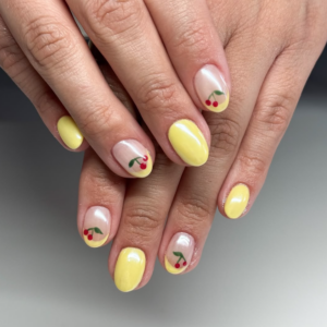Yellow Nails with cherries - fun nail inspo!
