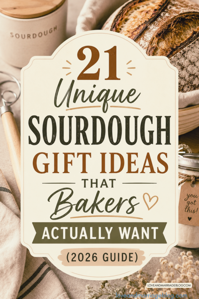 Vertical Pinterest graphic with text reading '21 Unique Sourdough Gift Ideas That Bakers Actually Want' overlaying a photo of a freshly baked sourdough bread boule and starter jar.