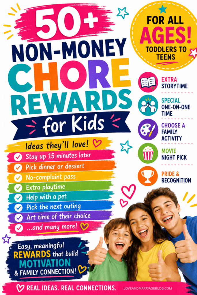 50+ non-money chore rewards for kids graphic featuring colorful printable chore chart cards