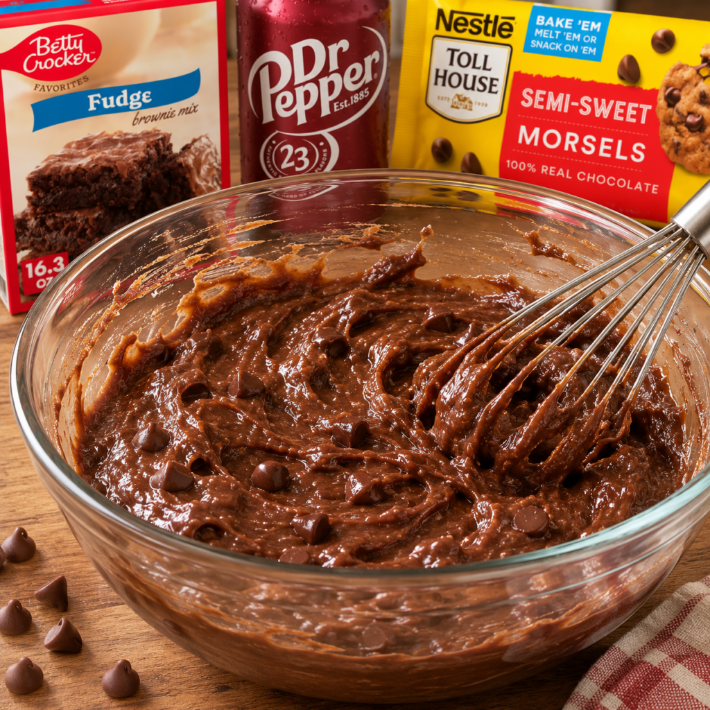 Thick and fudgy chocolate brownie batter being mixed in a glass bowl with a wire whisk and semi-sweet chocolate chips.