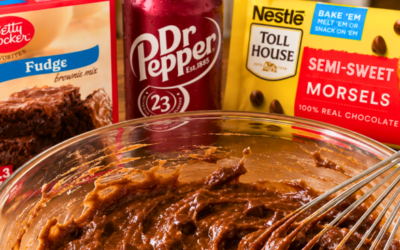 dr pepper and brownie mix and chocolate chips in a bowl