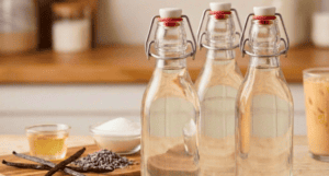 Three clear swing-top glass bottles filled with homemade infused simple syrup next to a cutting board with raw vanilla beans and lavender buds.