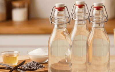 Three clear swing-top glass bottles filled with homemade infused simple syrup next to a cutting board with raw vanilla beans and lavender buds.
