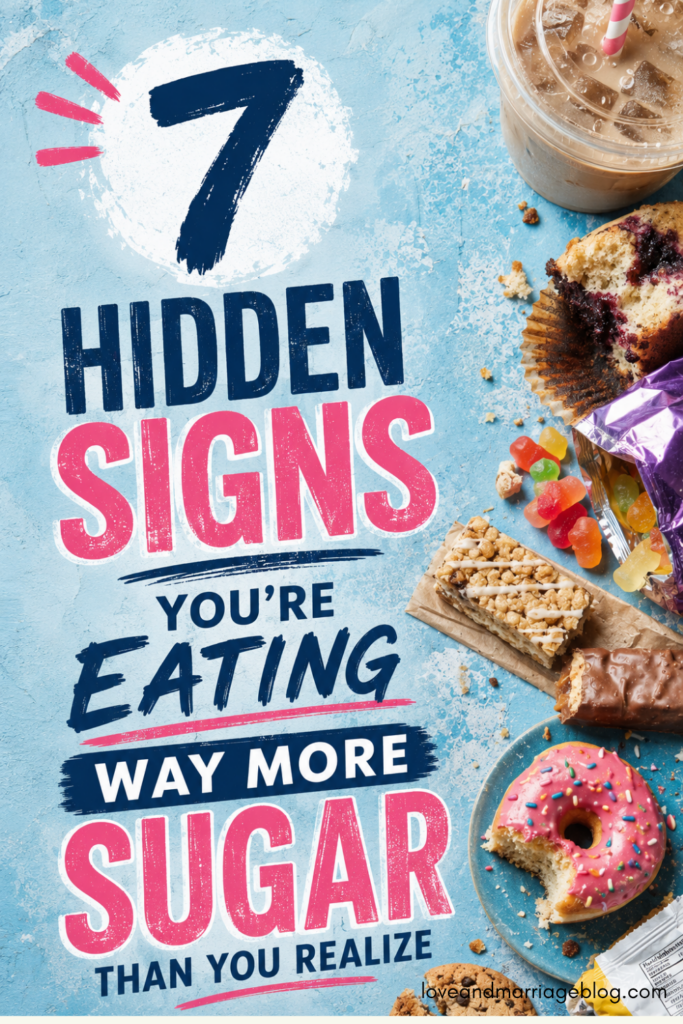 Top down view of a blue textured background filled with high sugar treats, including a pink frosted donut with sprinkles, a chocolate candy bar, a granola bar, and gummy bears, next to bold pink and white text that reads Hidden Signs You Are Eating Way More Sugar.