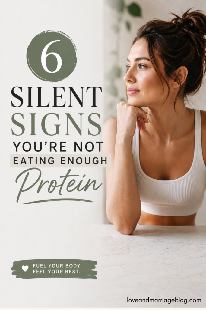 Pinterest image of woman sitting at table with text 6 silent signs you're not eating enough protein