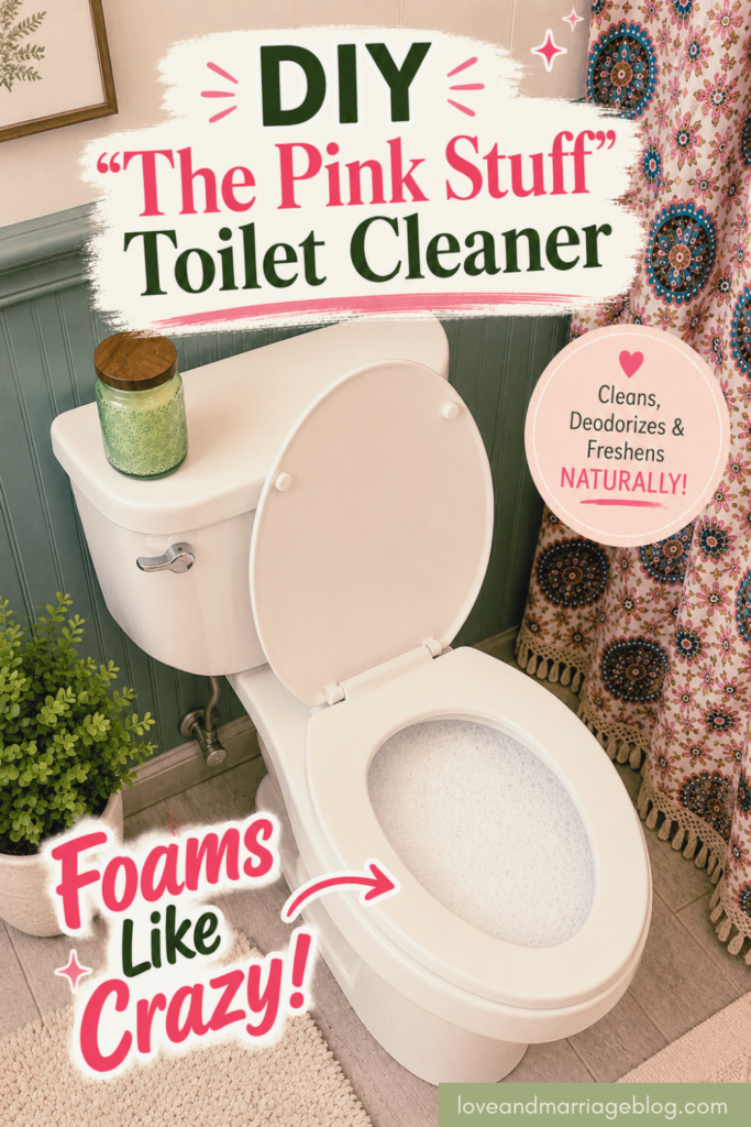 Pinterest pin graphic featuring DIY Pink Stuff toilet cleaner with a jar of white powder, and foaming action in a toilet bowl.