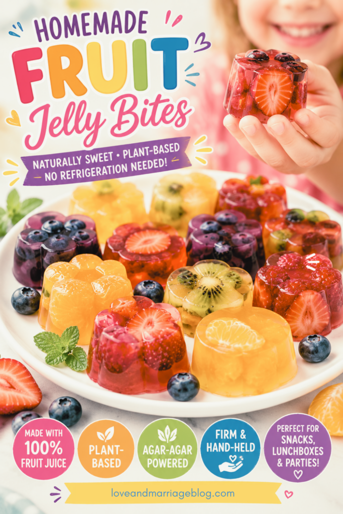 Vertical Pinterest pin graphic for 3-Ingredient Fruit Finger Jello showing colorful, firm agar-agar fruit jelly bites on a white plate with text badges reading Made with 100% Fruit Juice, Plant-Based, and Firm & Hand-Held.