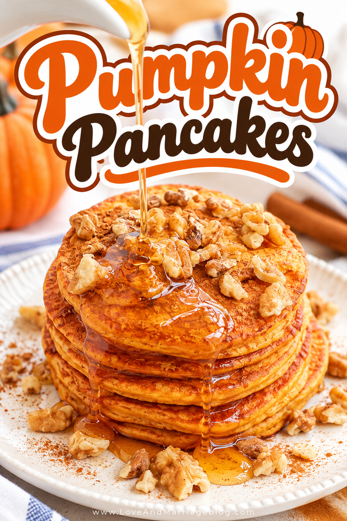 Pumpkin pancakes on a plate with syrup being poured on top.