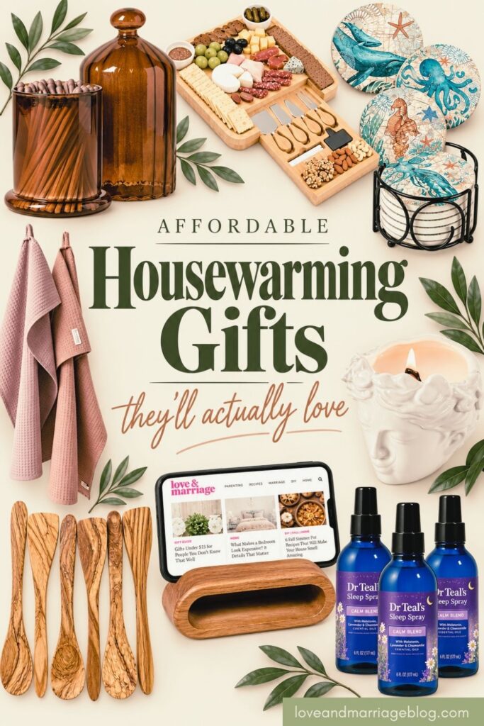 Vertical Pinterest pin graphic featuring 10 practical housewarming gift ideas under 25 dollars