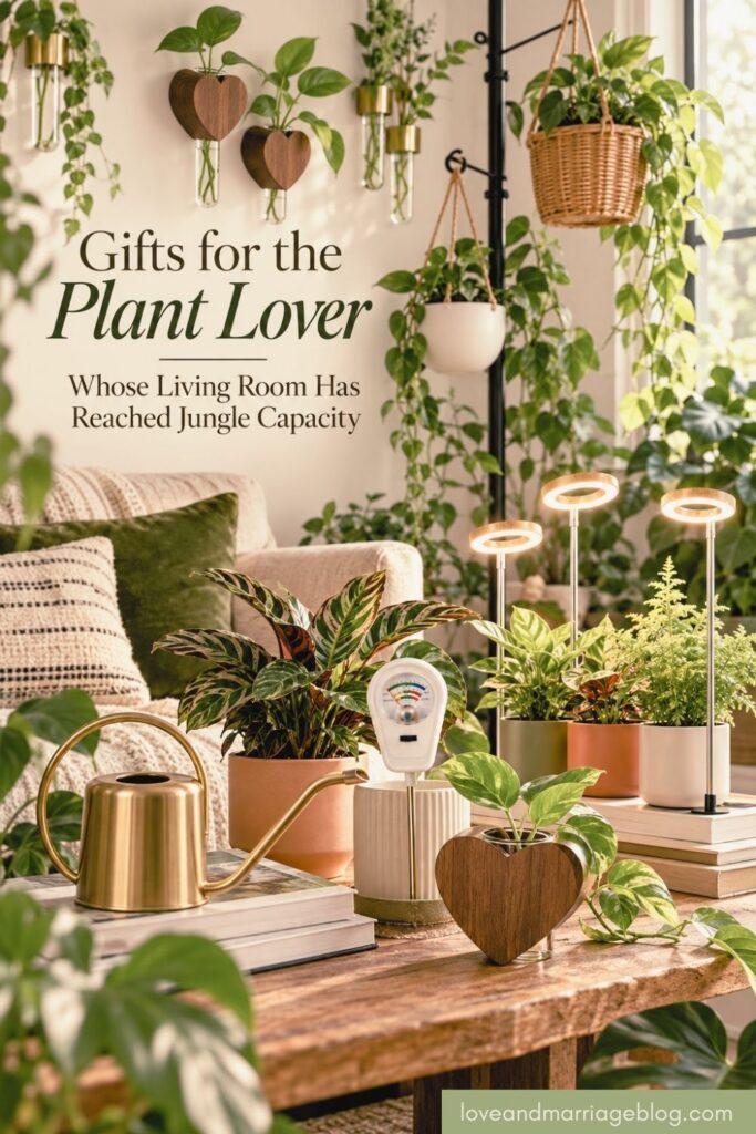 Pinterest pin graphic featuring gifts for the plant lover whose living room is out of space