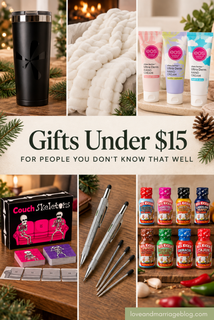 Vertical Pinterest collage pin featuring inexpensive gift ideas under 15 dollars for acquaintances and Secret Santa