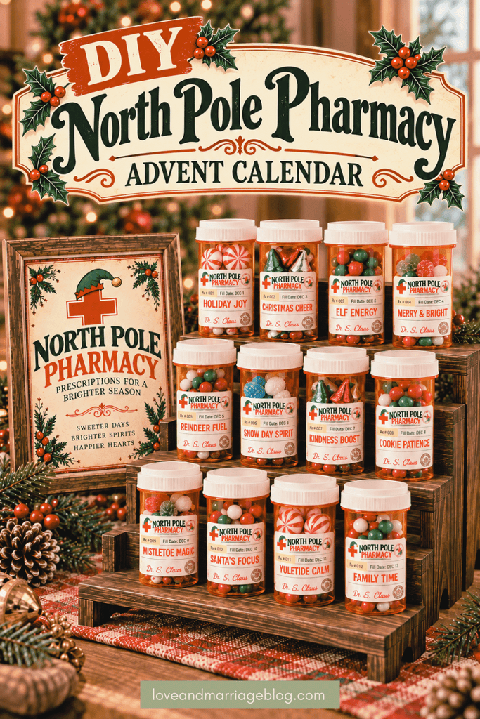 DIY Christmas advent calendar made from prescription pill bottles with free North Pole Pharmacy printables