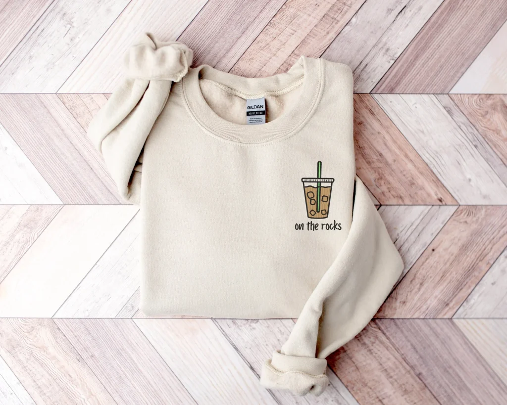 Beige iced coffee sweatshirt with embroidered coffee cup graphic - Gifts for Iced Coffee Lovers